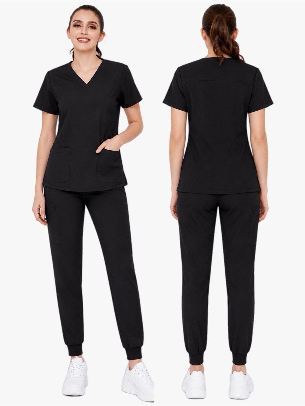 Women’s Plus Size 1X Solid Black V Neck Jogger Scrub Set
